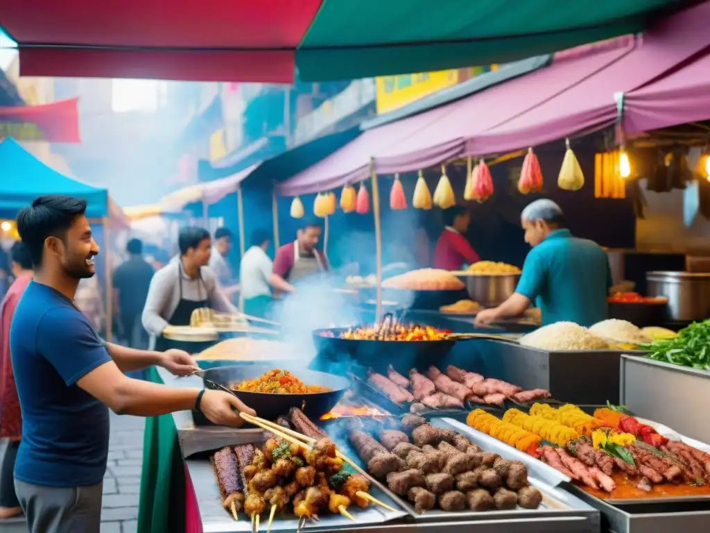 Un mercado callejero bullicioso con una variedad de vendedores vendiendo platos coloridos y aromáticos sin gluten de todo el mundo