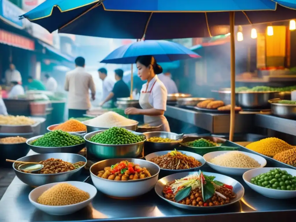 Mercado callejero en Tailandia con cocina sin gluten: platos coloridos y aromáticos preparados por vendedores locales, ambiente vibrante y auténtico