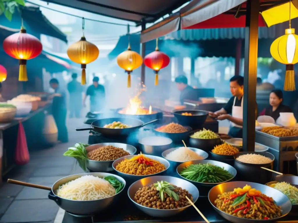 Un mercado callejero en Tailandia con cocina sin gluten internacional, platos vibrantes y ambiente bullicioso