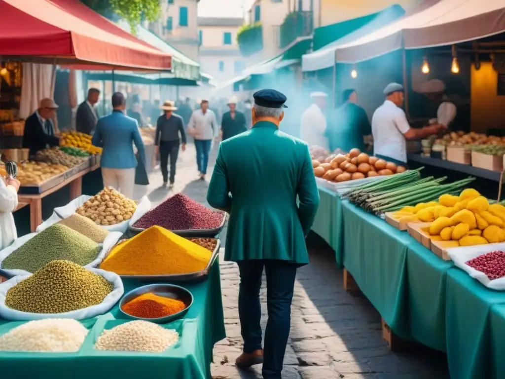 Mercado callejero de comida en Córdoba con recetas sin gluten innovadoras, colores vibrantes y creatividad culinaria