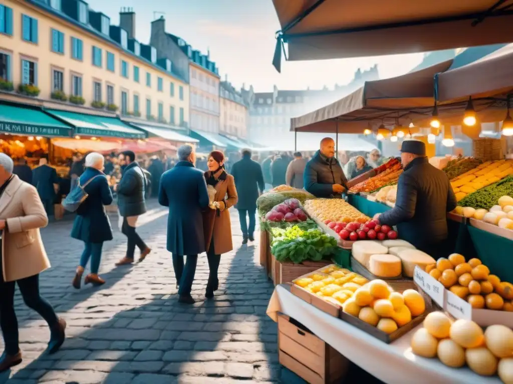 Mercado callejero europeo con productos frescos y coloridos, bañado en luz dorada, ambiente vibrante de cocina sin gluten recetas innovadoras