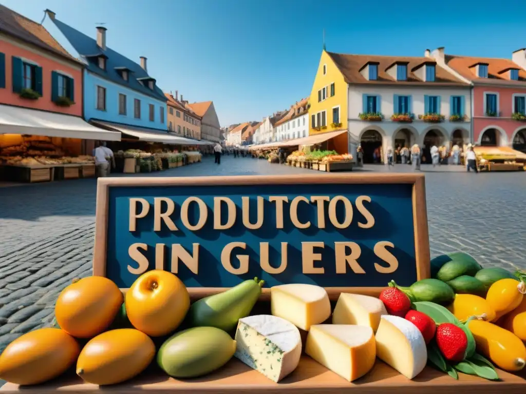 Mercado callejero europeo con productos frescos y sin gluten, en un día soleado