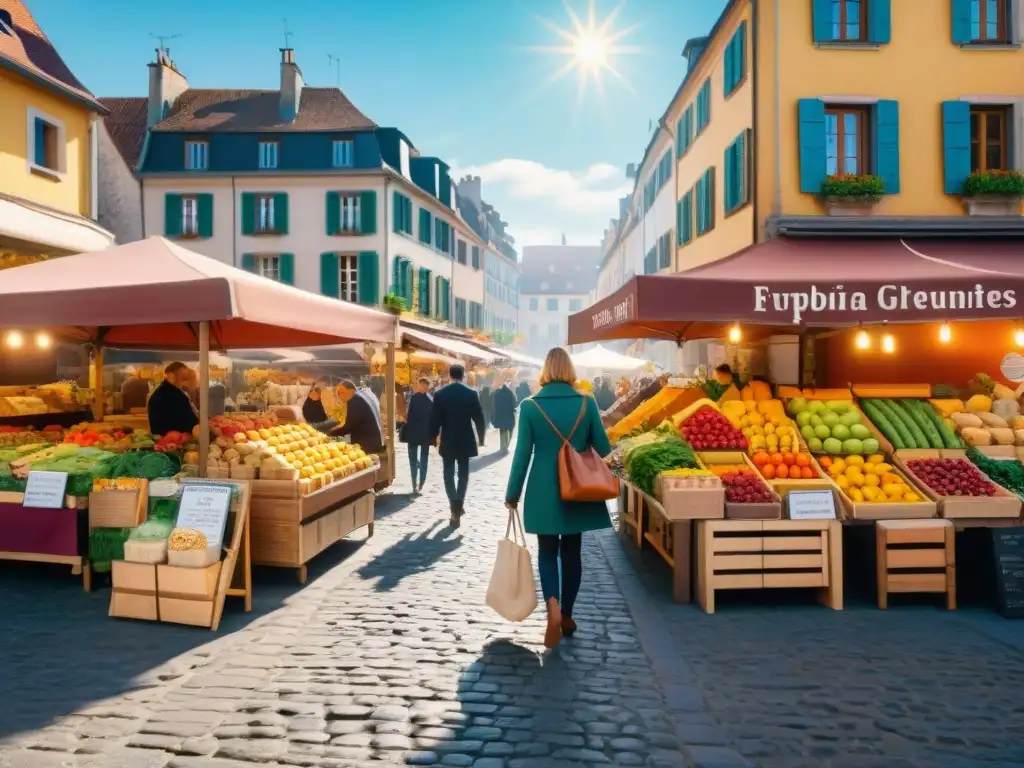 Mercado callejero europeo con puestos de frutas y opciones sin gluten, familias y viajeros disfrutando de la experiencia