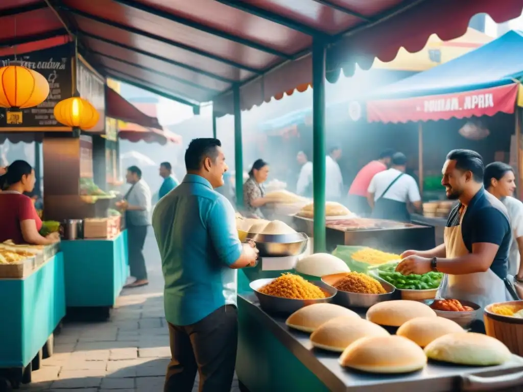 Un mercado callejero latino animado con puestos de comida coloridos vendiendo recetas street food latino sin gluten, rodeado de gente diversa disfrutando de la comida