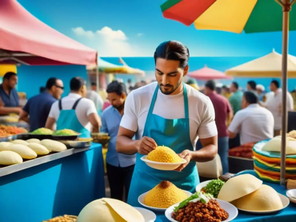 Mercado callejero latino lleno de coloridos puestos de comida, ofreciendo recetas street food latino sin gluten