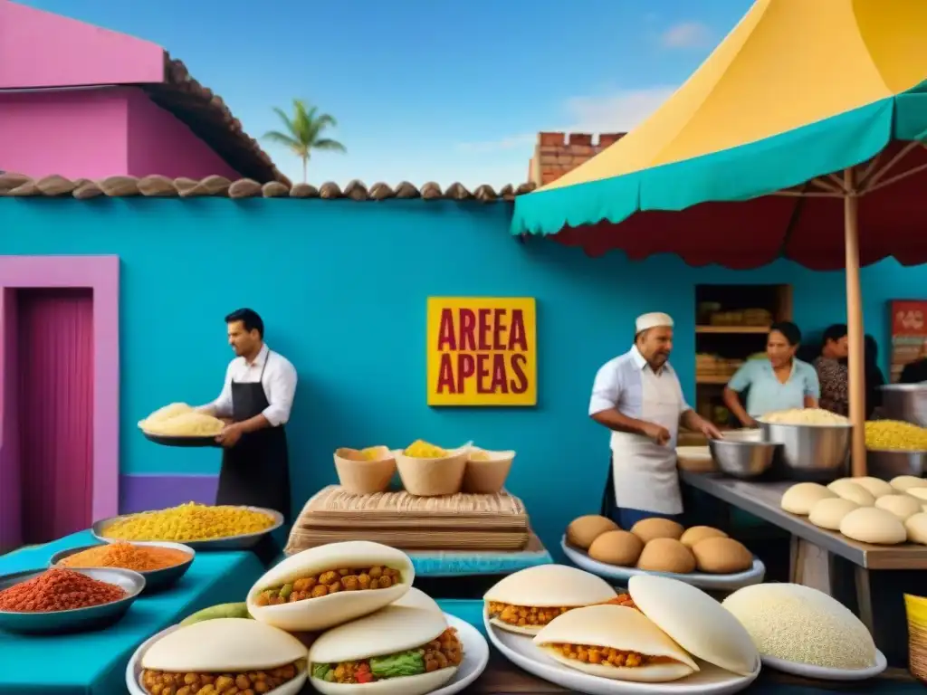 Un mercado callejero latinoamericano vibrante y colorido con platos sin gluten, como arepas, ceviche, tamales y empanadas