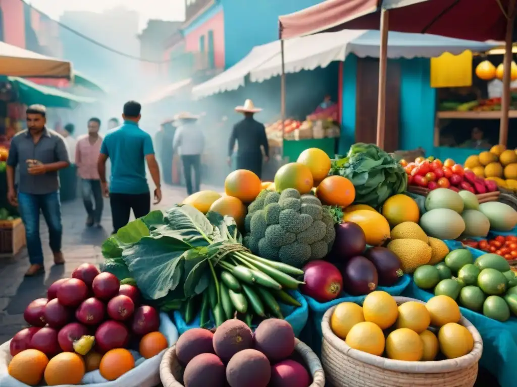 Un mercado callejero mexicano lleno de vida y color, con ingredientes latinos sin gluten