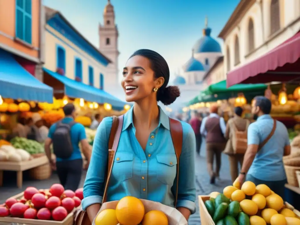 Explorando un mercado callejero, viajeros celíacos intercambian tips sobre Aplicaciones para celíacos viajeros