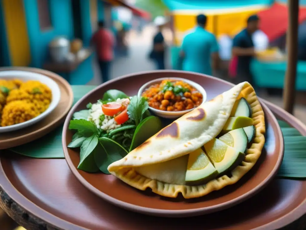 Un mercado callejero vibrante en Latinoamérica con platos sin gluten, lleno de coloridas delicias y ambiente acogedor