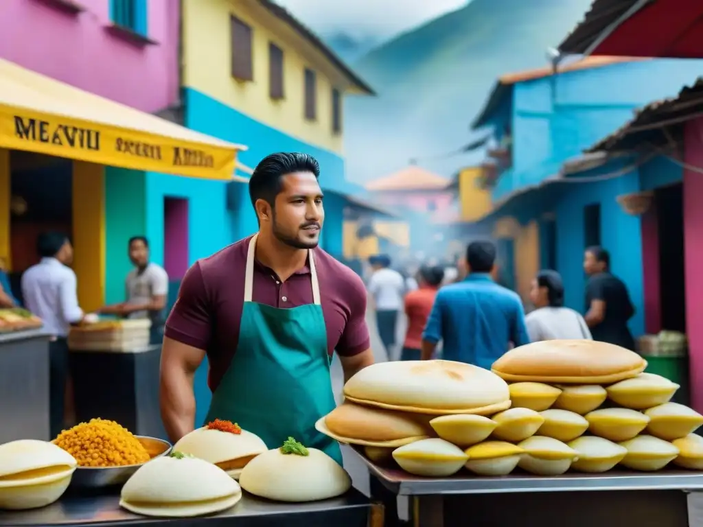 Un mercado callejero vibrante en Latinoamérica, con puestos de comida coloridos y gente disfrutando de recetas street food latino sin gluten