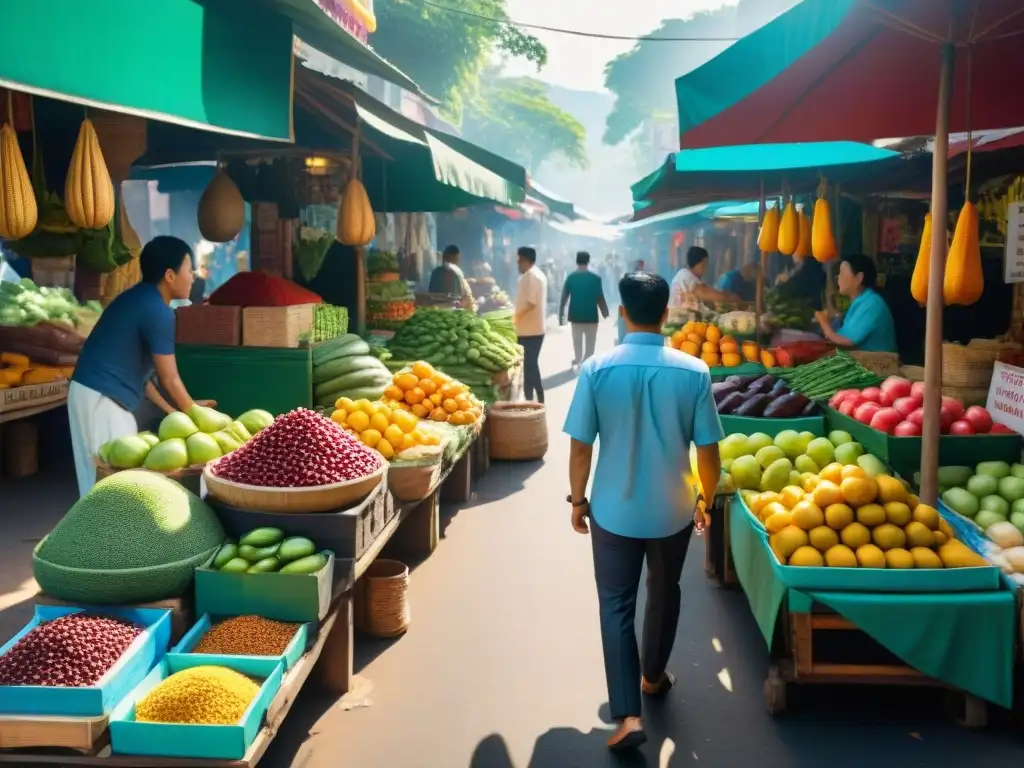 Mercado callejero vibrante en Tailandia con sabores veganos sin gluten internacionales