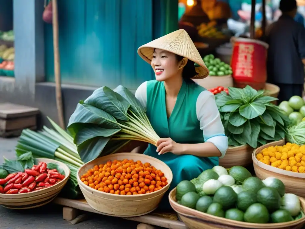 Un mercado callejero vietnamita bullicioso con ingredientes frescos y coloridos en cestas de bambú tejidas