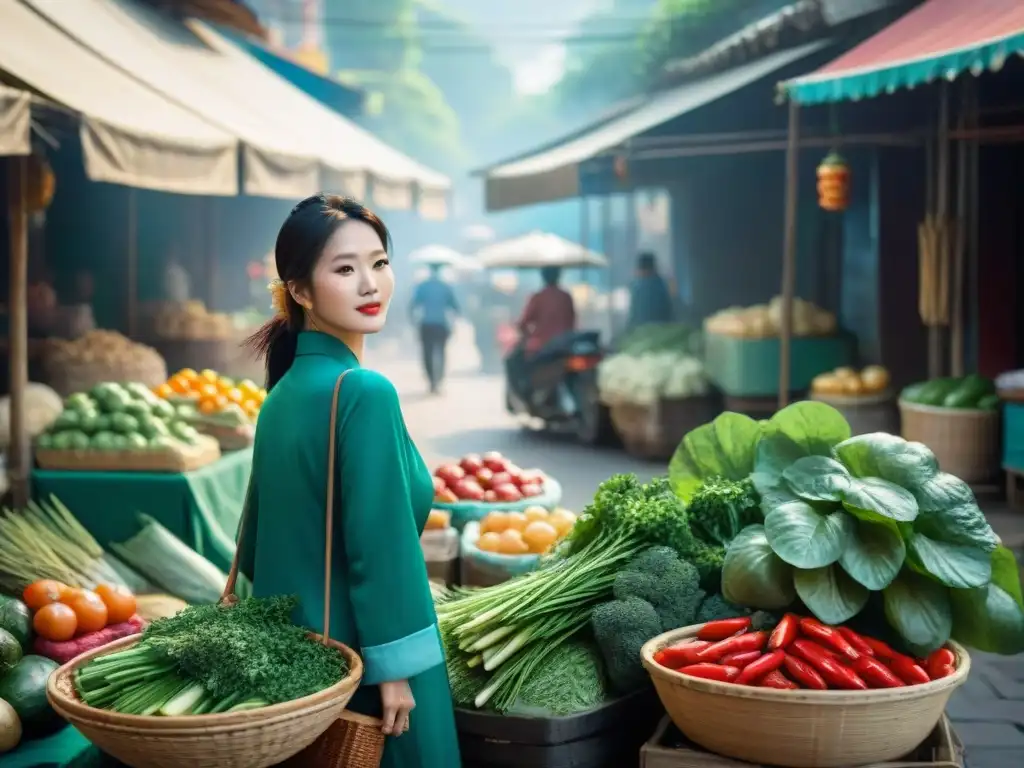 Un mercado callejero vietnamita vibrante con vegetales frescos y especias, bajo la luz cálida del sol