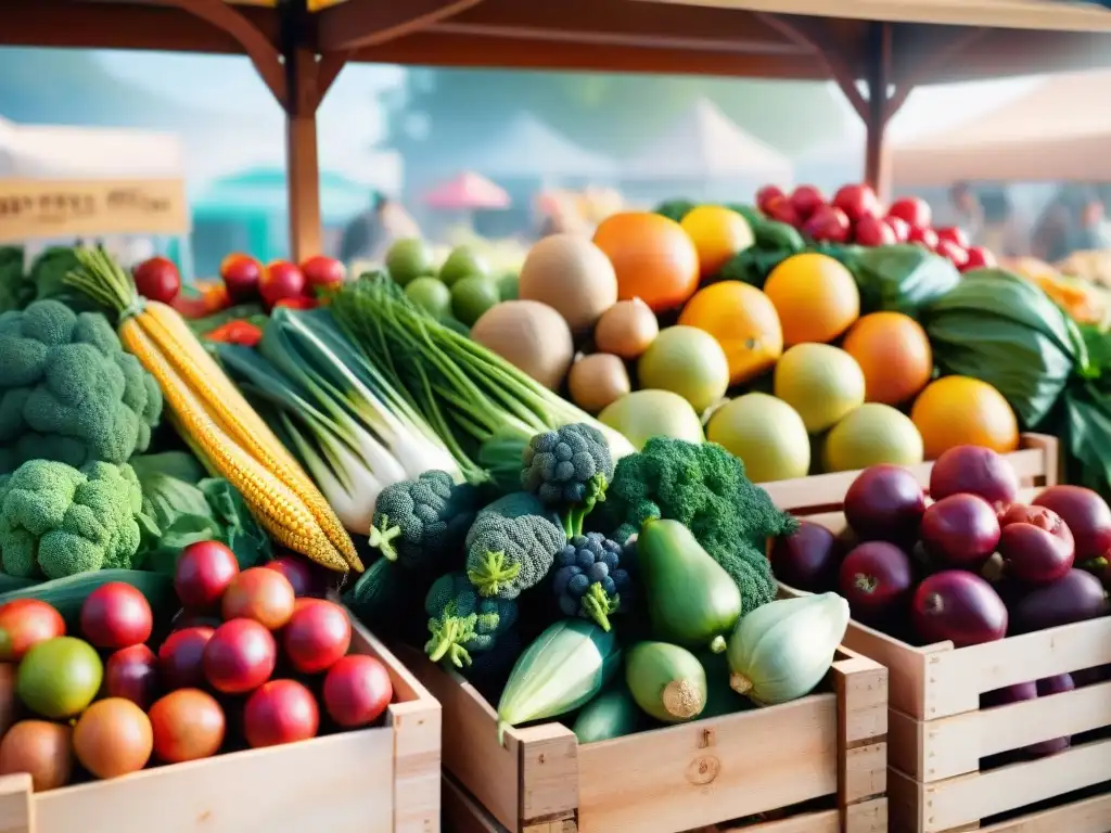 Un mercado campesino rebosante de frutas y verduras coloridas, granos sin gluten y productos saludables