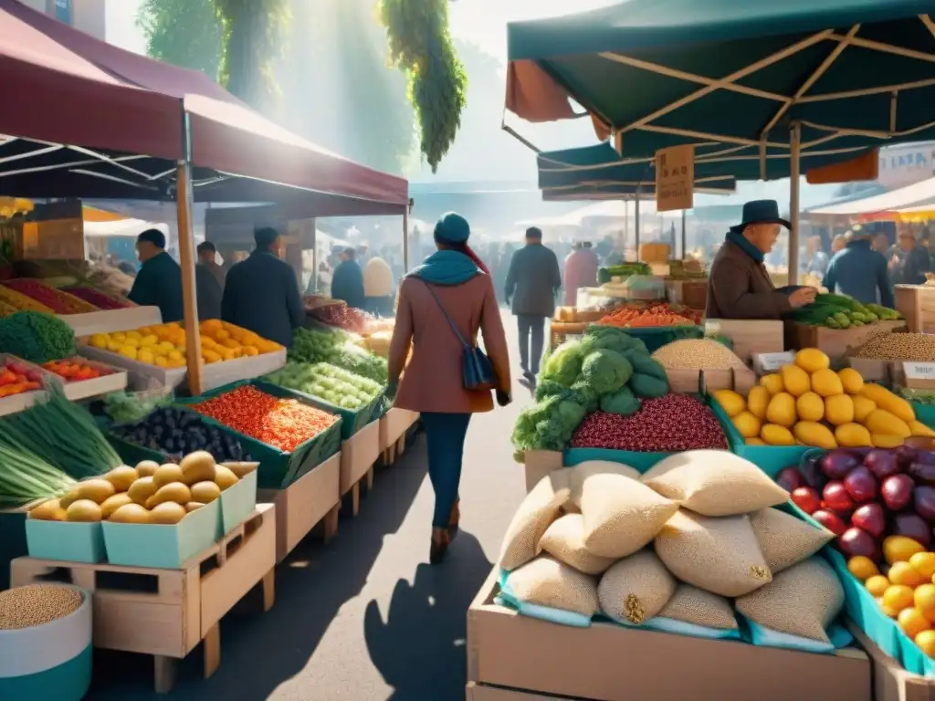 Un mercado campesino vibrante, rebosante de frutas y verduras frescas y coloridas, con granos sin gluten como quinoa, alforfón y arroz