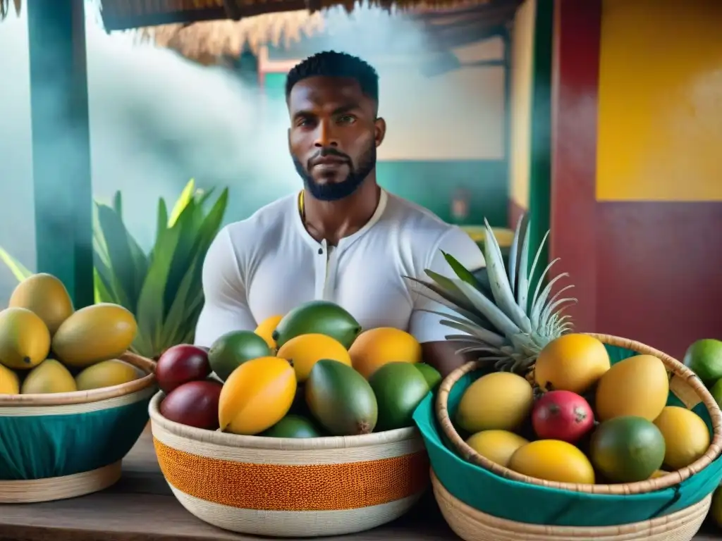 Un mercado caribeño colorido y vibrante con frutas exóticas y especias tradicionales en exhibición