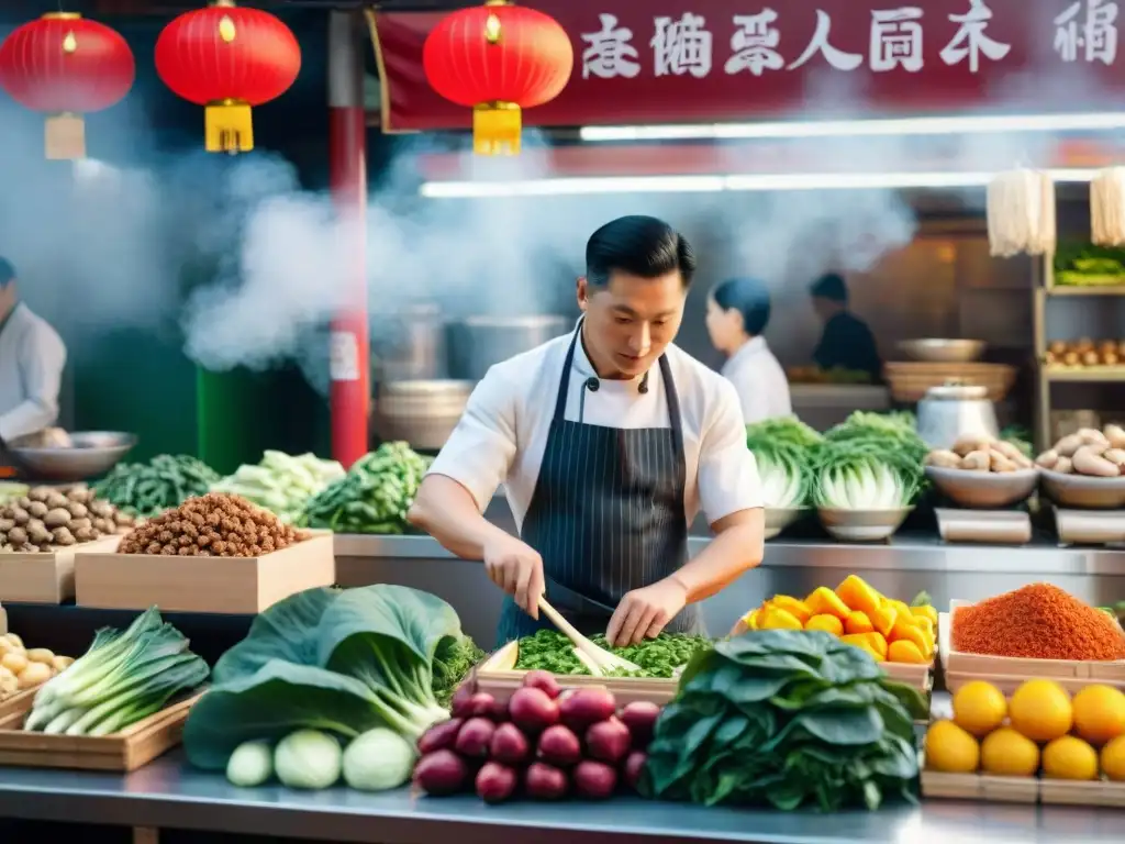 Un mercado chino bullicioso y vibrante, con un chef preparando un delicioso stirfry sin gluten