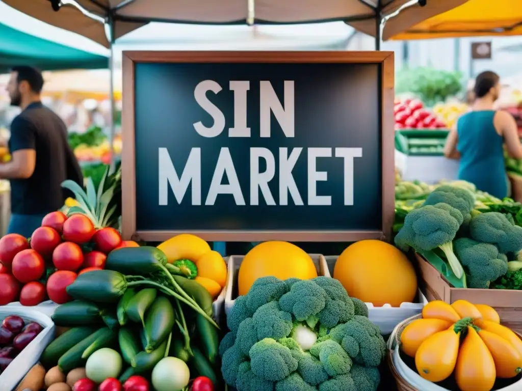 Un mercado colorido con frutas y verduras frescas, clientes felices y un letrero 'Sin Gluten' en caligrafía