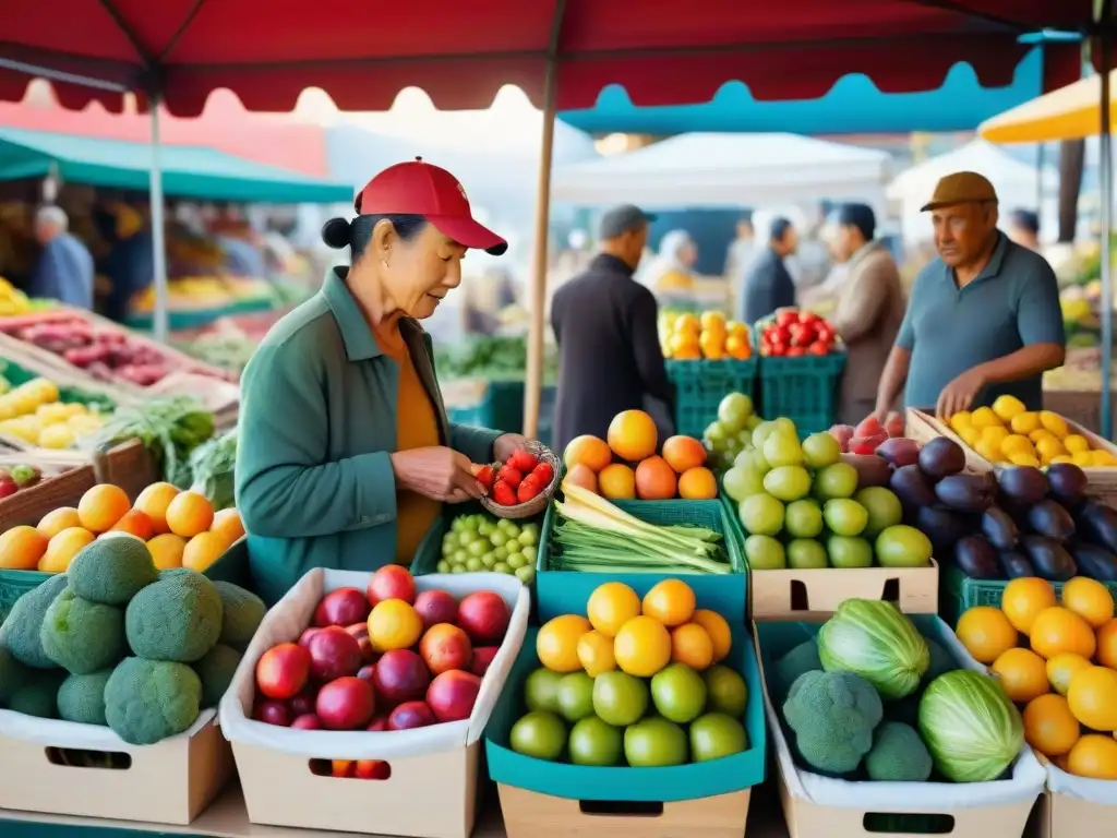 Un mercado colorido con frutas y verduras frescas