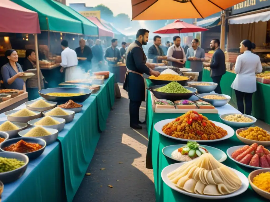 Un mercado de comida al aire libre bullicioso con platos internacionales sin gluten