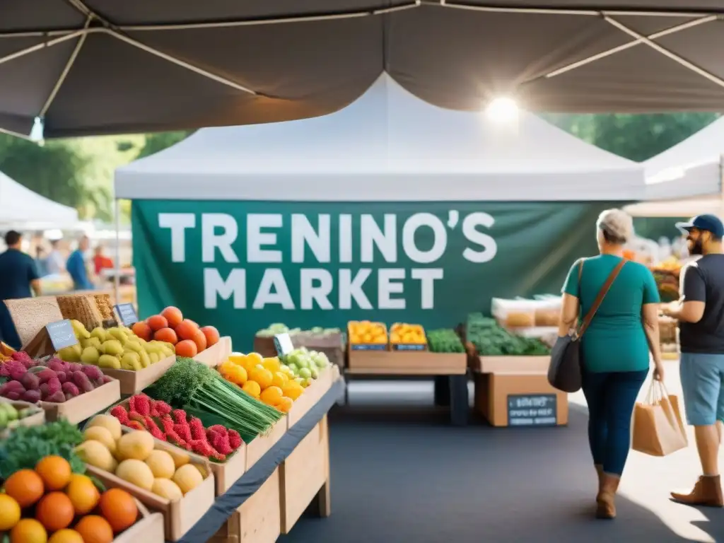 Un mercado concurrido de emprendimientos sin gluten: frutas, verduras y productos artesanales coloridos bajo el cálido sol