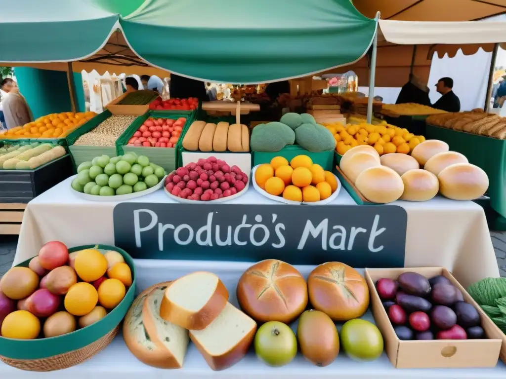 Un mercado concurrido lleno de productos frescos y coloridos, donde destaca un puesto de 'Productos sin gluten disponibles aquí'