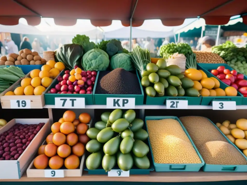 Un mercado agrícola diverso y vibrante, repleto de frutas, verduras y frutos secos sin gluten, ideal para la planificación de comidas sin gluten