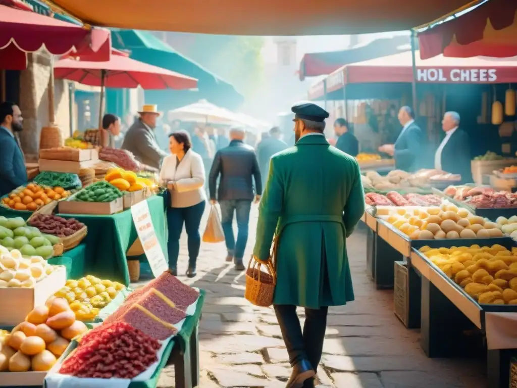 Un mercado español bullicioso con productos frescos y delicias sin gluten innovadoras de España, bañado por cálida luz solar