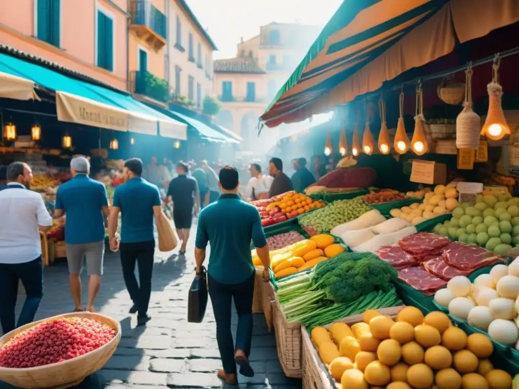 Un mercado español vibrante con frutas, verduras, quesos y embutidos sin gluten, bajo el cálido sol mediterráneo