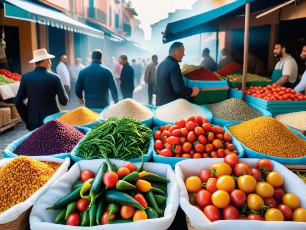 Mercado español vibrante con ingredientes frescos y coloridos para una receta fácil de paella sin gluten