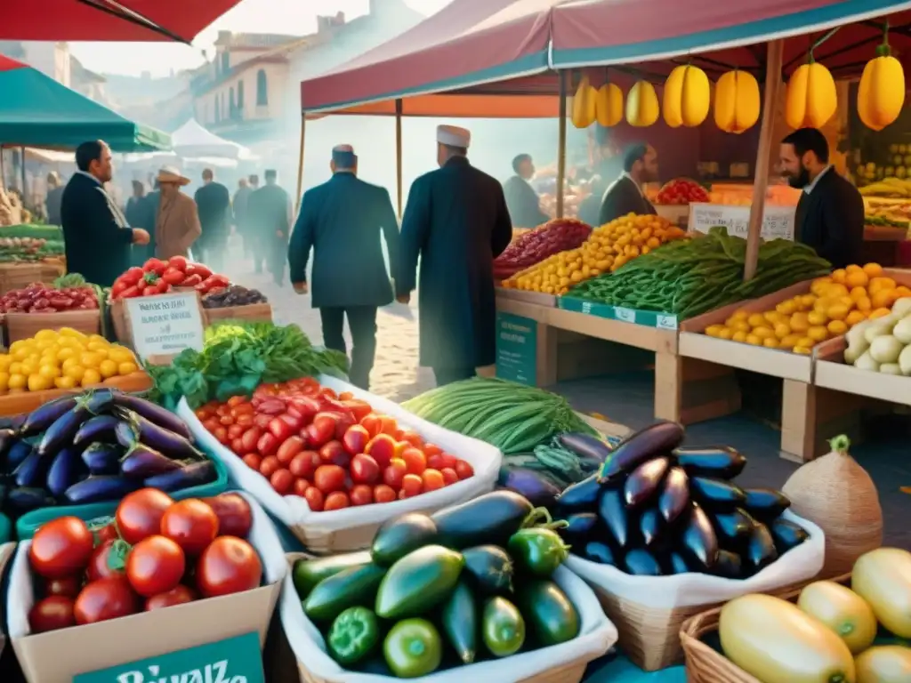 Un mercado español vibrante con ingredientes frescos y coloridos bajo la cálida luz del sol