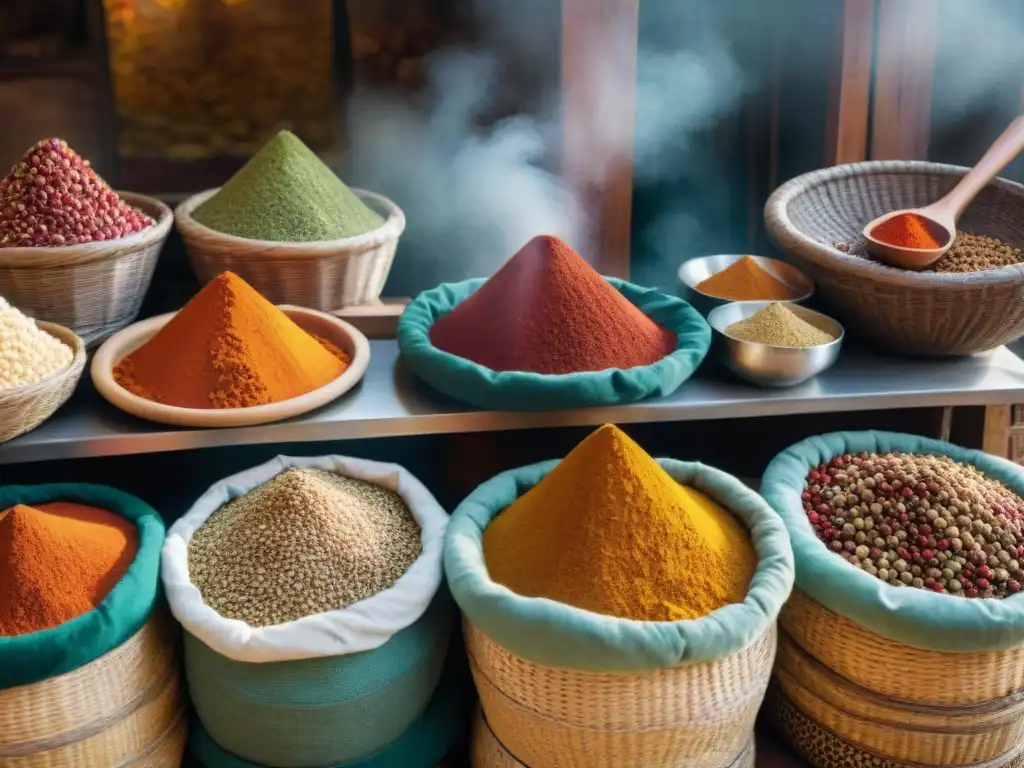 Mercado de especias vibrante con actividad, cestas de colores y personas diversas comprando