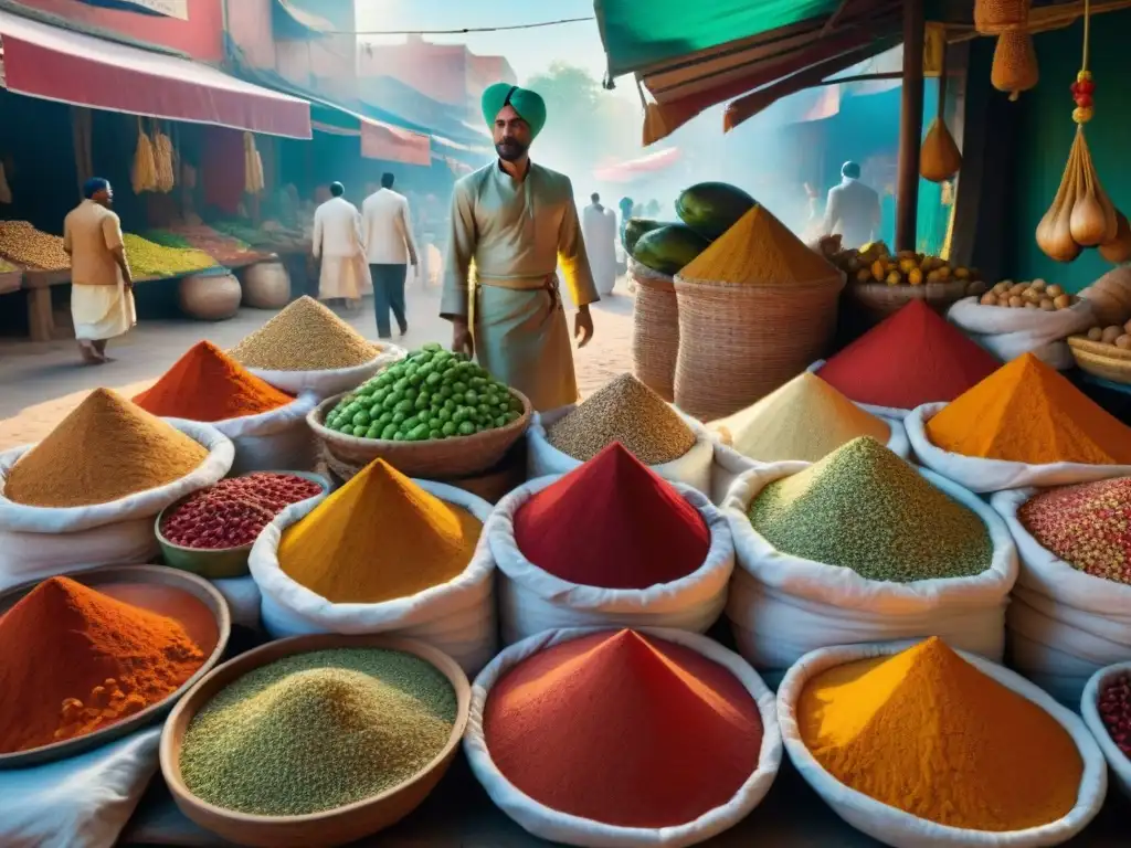 Un mercado de especias hindú vibrante y detallado, con sacos de colores, frutas exóticas y gente en trajes tradicionales