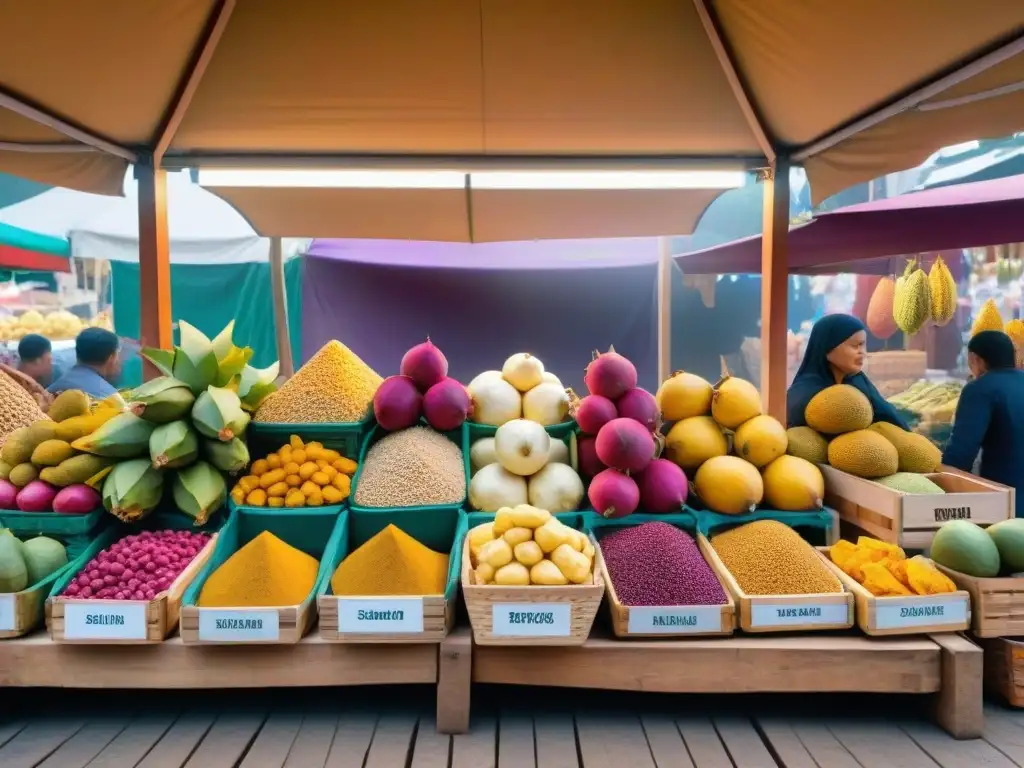 Un mercado exótico rebosante de ingredientes sin gluten, con clientes felices seleccionando productos coloridos