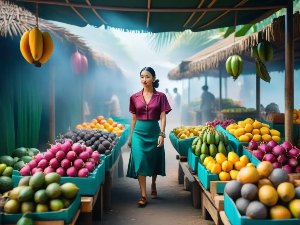 Un mercado de frutas tropicales vibrantes con jugos exóticos sin gluten en coloridos puestos bajo la luz del sol y sombras de las palmeras