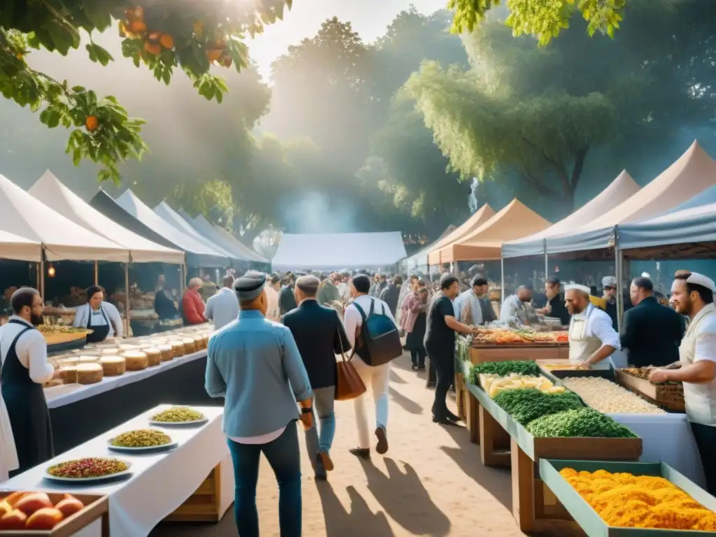 Mercado gastronómico al aire libre con platos gourmet sin gluten de todo el mundo