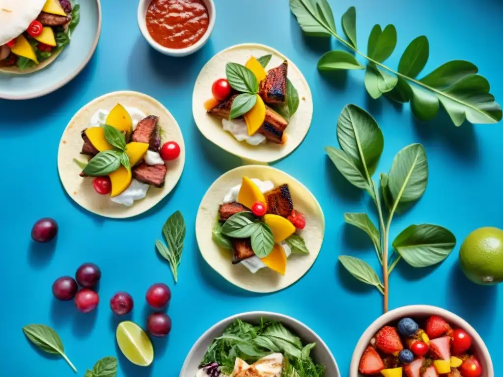 Un mercado gastronómico australiano al aire libre con recetas sin gluten, platos coloridos y exóticos, rodeado de naturaleza y cielo azul