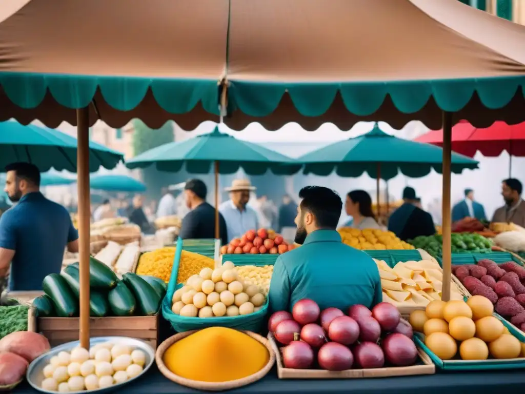 Un mercado gastronómico italiano bullicioso con productos frescos, quesos y opciones sin gluten como pasta artesanal y pan