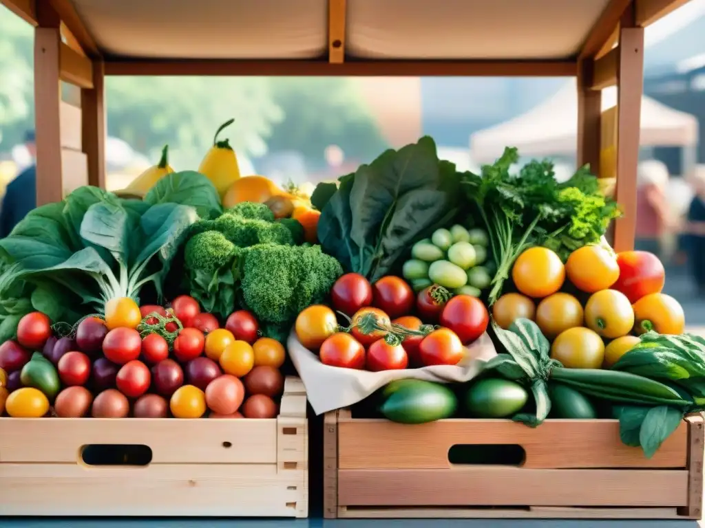 Un mercado de granjeros rebosante de frutas y verduras de temporada, ideal para recetas veganas sin gluten