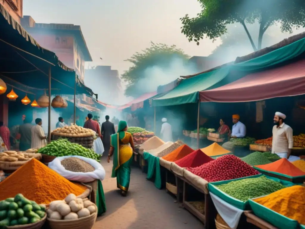 Un mercado indio vibrante con colores exóticos, recetas sin gluten y sabores exóticos en una escena detallada y realista