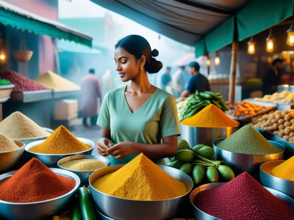 Mercado indio vibrante con especias, vegetales frescos y frutas exóticas, ideal para recetas sin gluten sabores exóticos