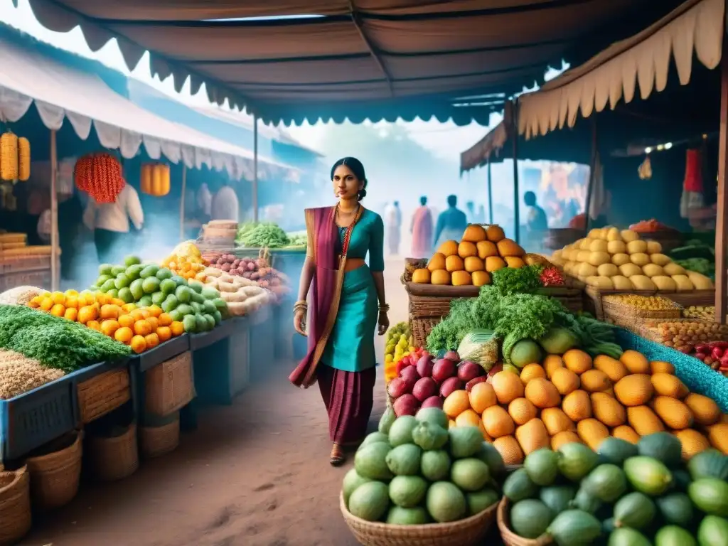 Un mercado indio vibrante con productos frescos y coloridos, creando un ambiente cálido e invitador para un viaje a la India sin gluten