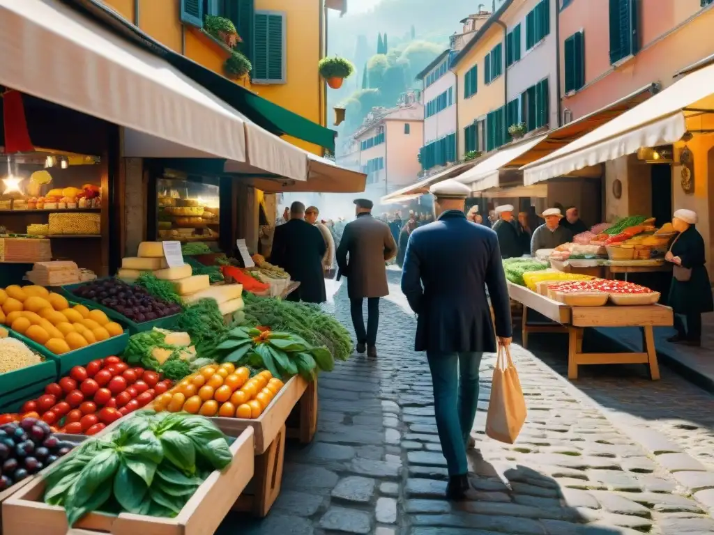 Un mercado italiano encantador con productos frescos sin gluten y recetas tradicionales, bañado por la cálida luz del sol