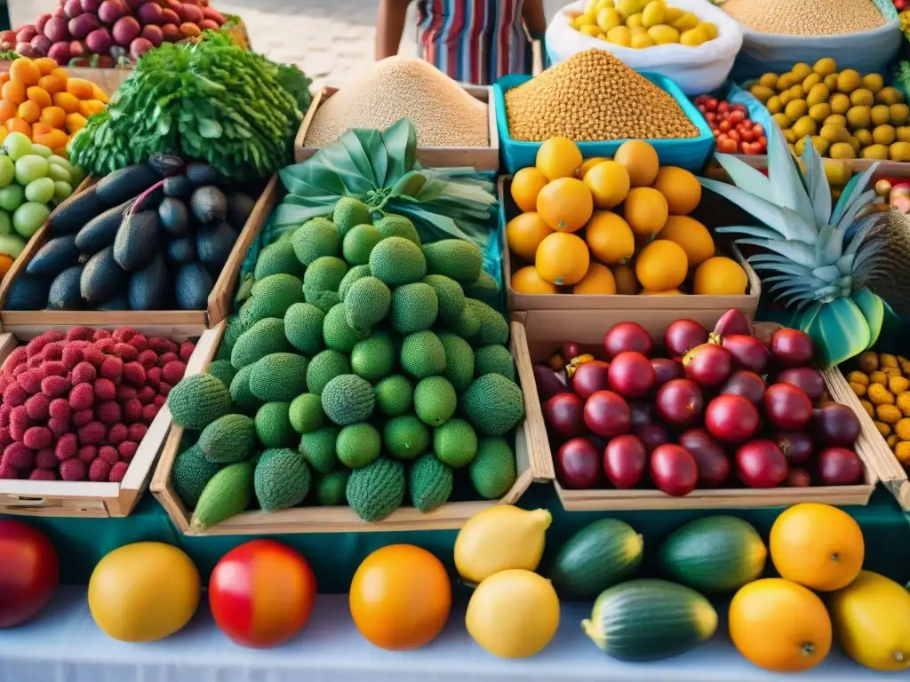 Un mercado latino rebosante de frutas y verduras sin gluten, capturando la diversidad de recetas sin gluten en Latinoamérica