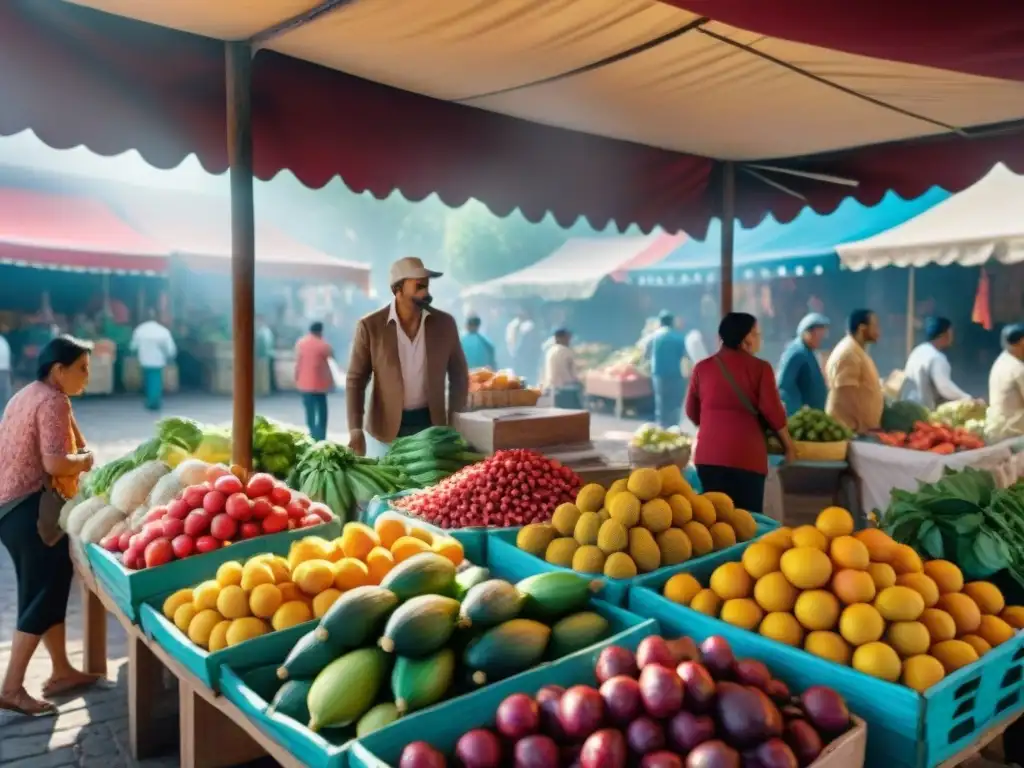 Un mercado latino vibrante y colorido con vendedores y productos diversos