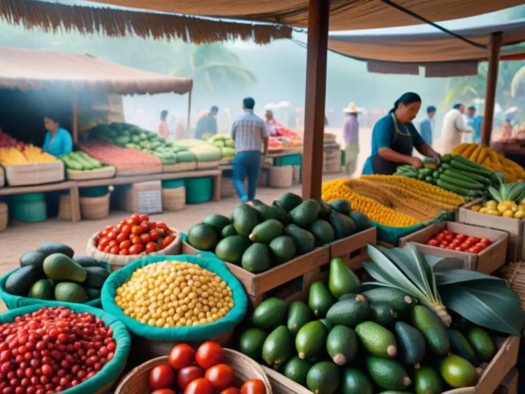 Un mercado latino vibrante con ingredientes sin gluten, como aguacates y maíz, en cestas y cajones de madera