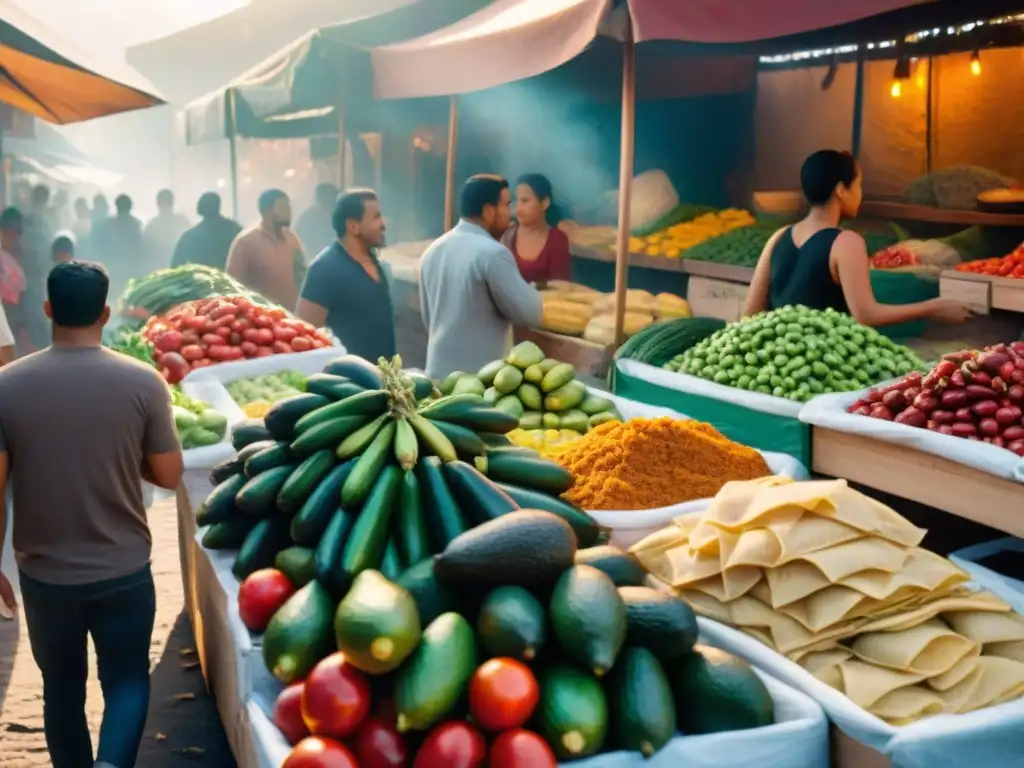 Un mercado latino vibrante rebosante de productos frescos y coloridos, con vendedores preparando sustitutos saludables harinas sin gluten