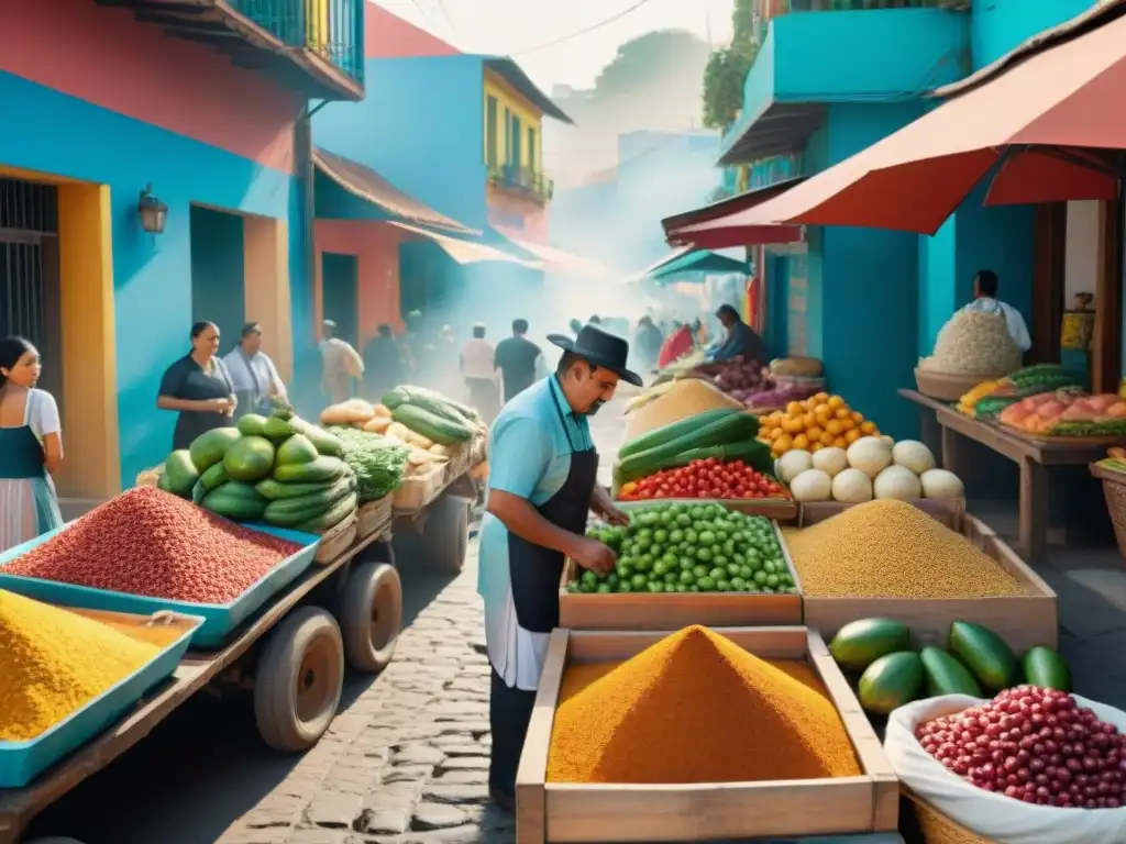 Un mercado latino vibrante con recetas sin gluten fusión latina, colores y actividad callejera