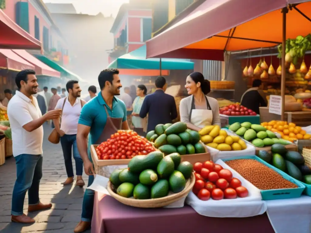 Un mercado latino vibrante con recetas sin gluten innovadoras y coloridas