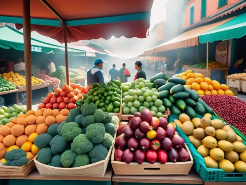 Un mercado latinoamericano vibrante y diverso, lleno de ingredientes coloridos y tradicionales para recetas sin gluten fusión latina